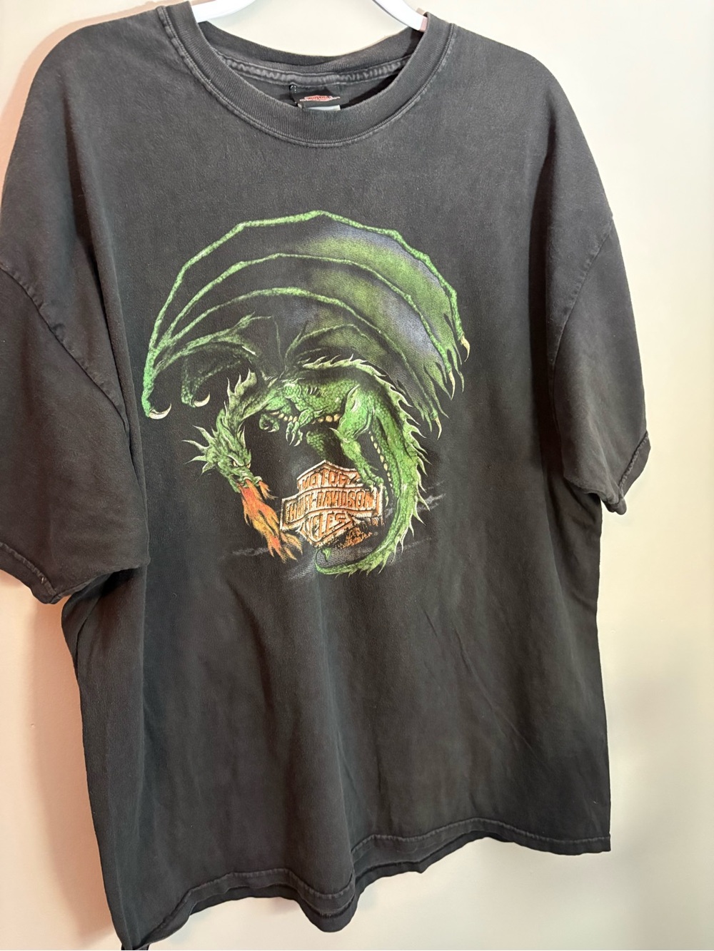 Vintage 2001 Harley Davidson Green Dragon Tee North Texas Size 2XL Faded Y2K
